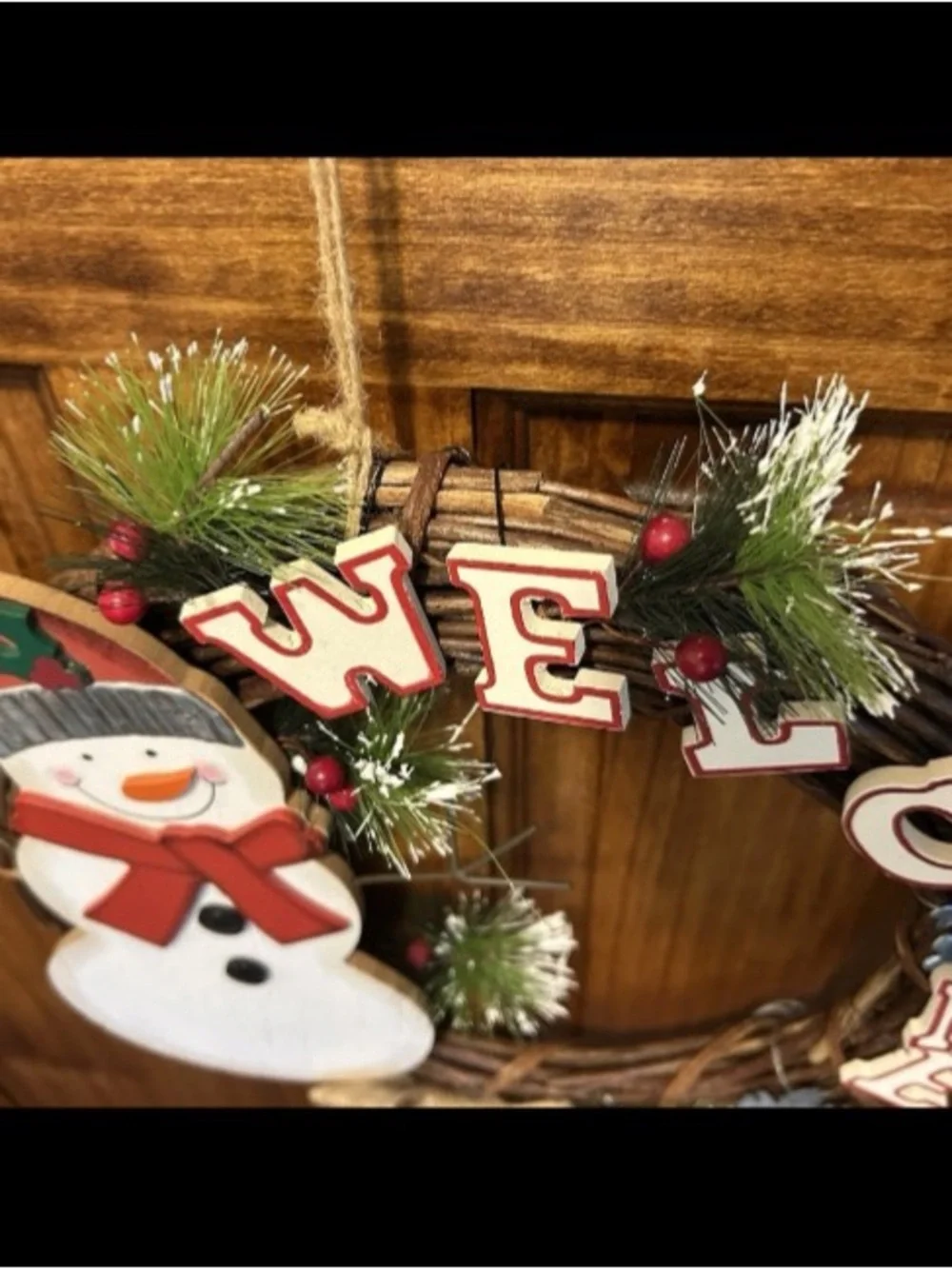 Christmas Welcome Wreath Door Decor Wall Hanging Wood Snowman Rustic Handcrafted